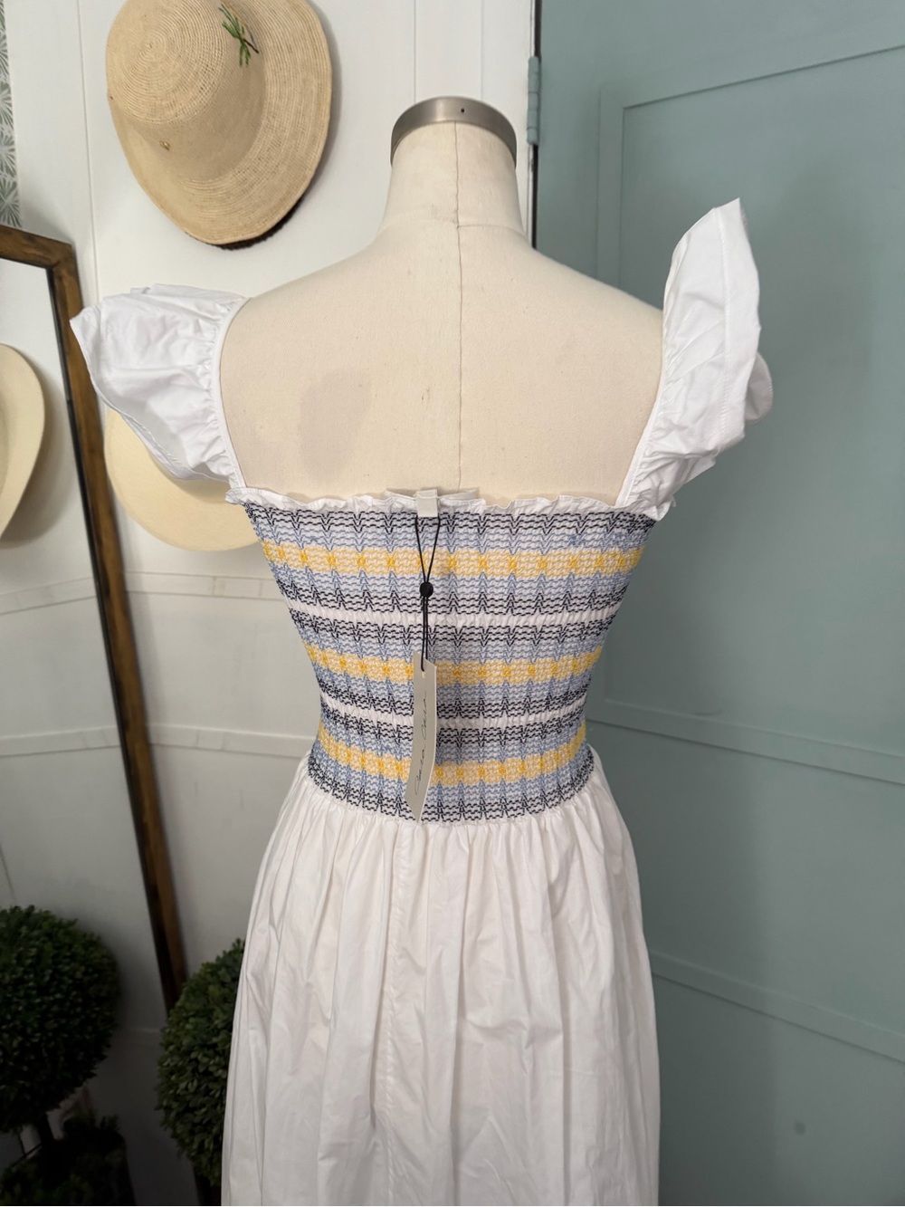 Cara Cara Ruby White Cotton Smocked Poplin Ruffle Midi Dress Size XS NWT - Picture 7 of 10